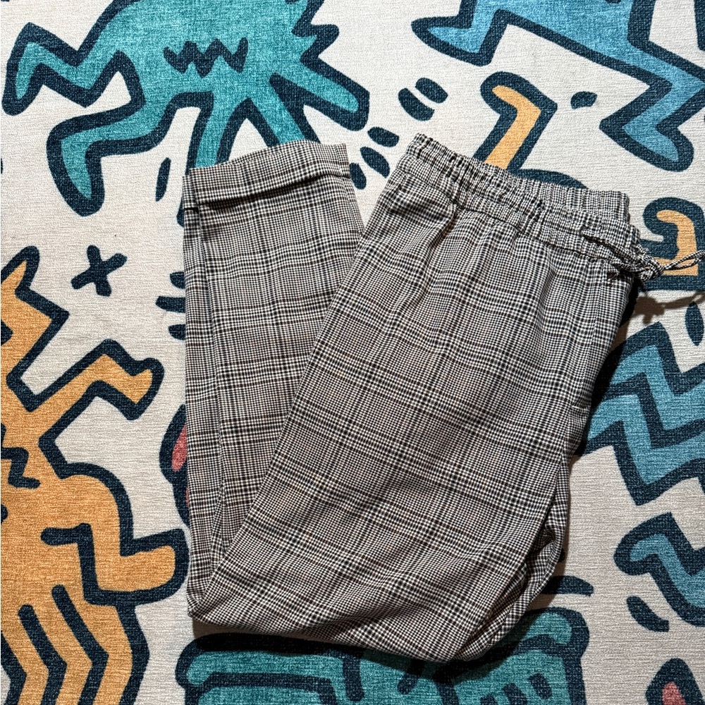 Grey, brown, white plaid adjustable slim fit trousers